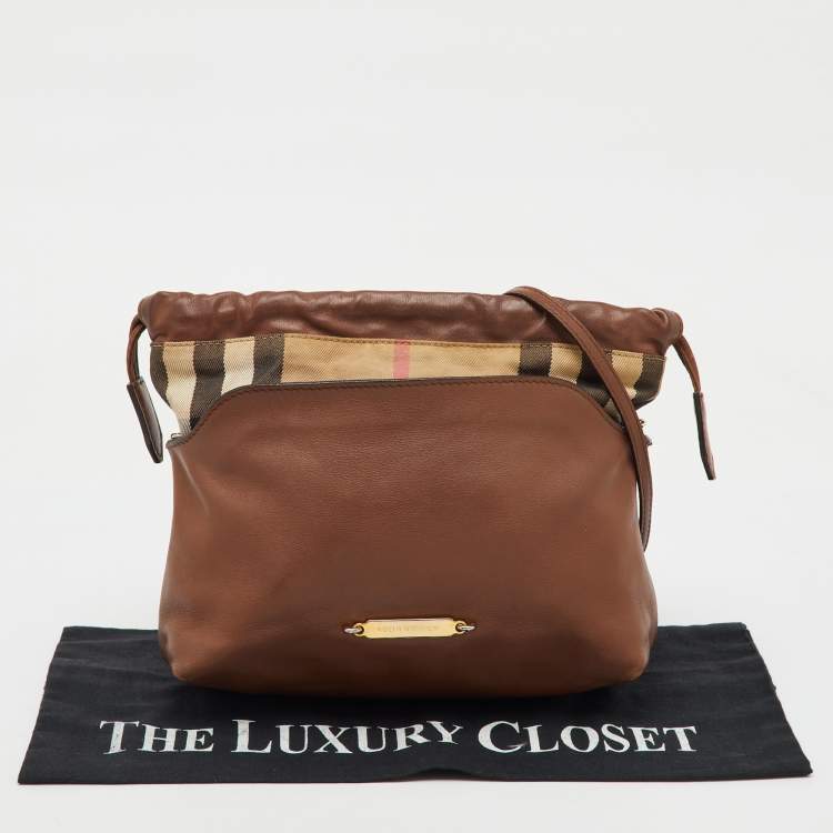Pre Owned Burberry Brown/Beige House Check Canvas and Leather Little Crush Crossbody Bag
