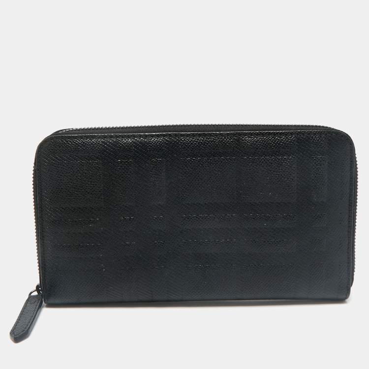 Pre Owned Burberry Black Embossed Check Leather Zip Continental Wallet