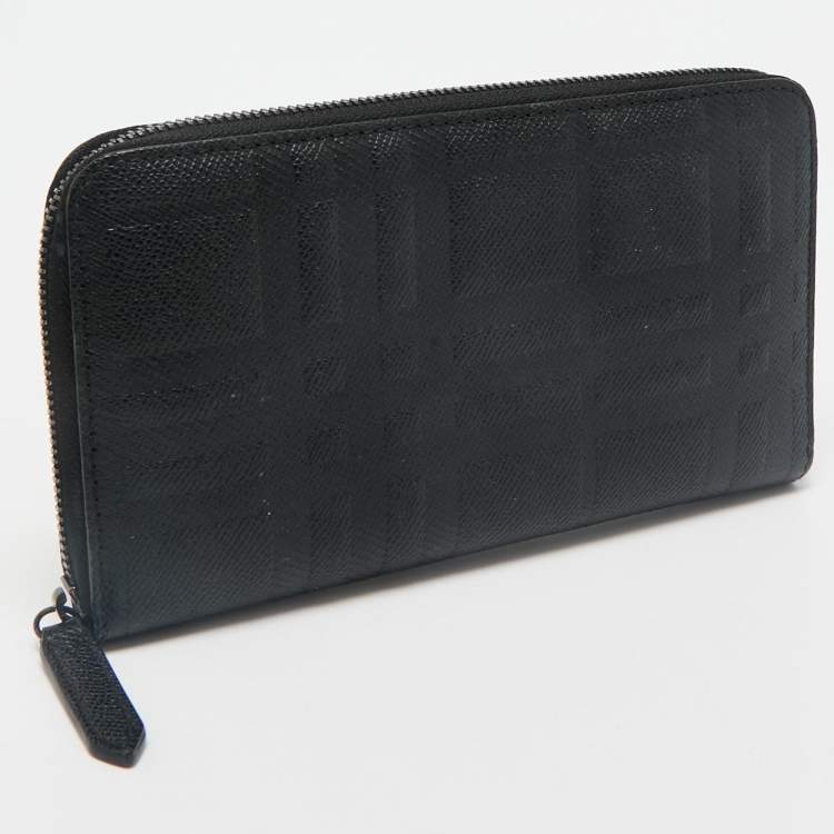 Pre Owned Burberry Black Embossed Check Leather Zip Continental Wallet