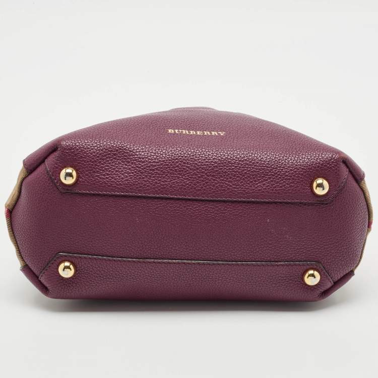 Pre Owned Burberry Burgundy/Beige House Check Fabric and Leather Small Banner Tote