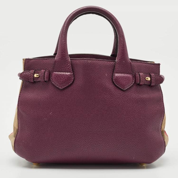 Pre Owned Burberry Burgundy/Beige House Check Fabric and Leather Small Banner Tote