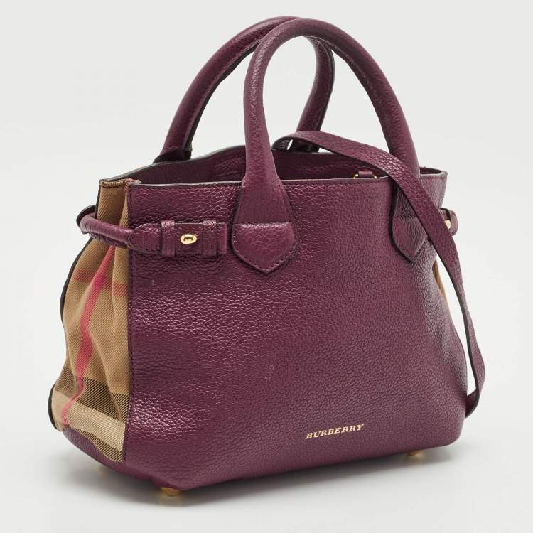 Pre Owned Burberry Burgundy/Beige House Check Fabric and Leather Small Banner Tote