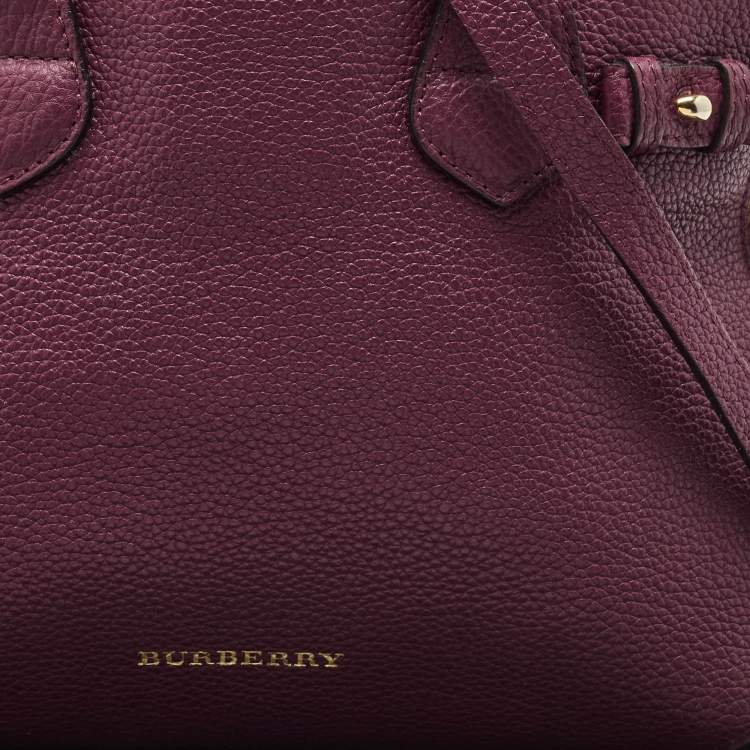 Pre Owned Burberry Burgundy/Beige House Check Fabric and Leather Small Banner Tote