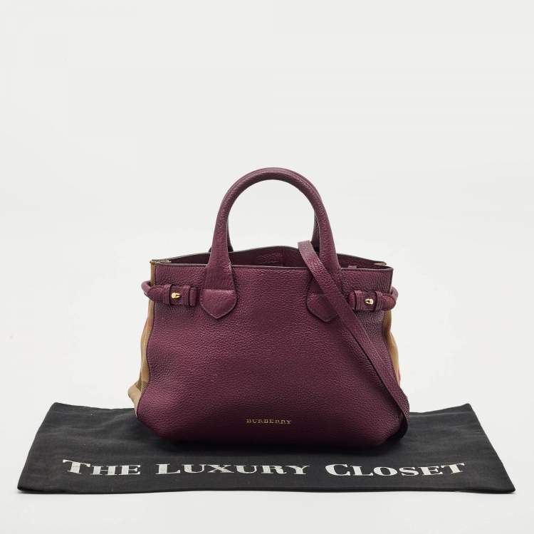 Pre Owned Burberry Burgundy/Beige House Check Fabric and Leather Small Banner Tote