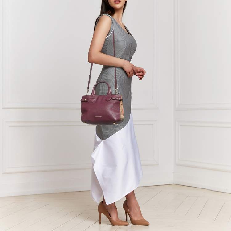 Pre Owned Burberry Burgundy/Beige House Check Fabric and Leather Small Banner Tote