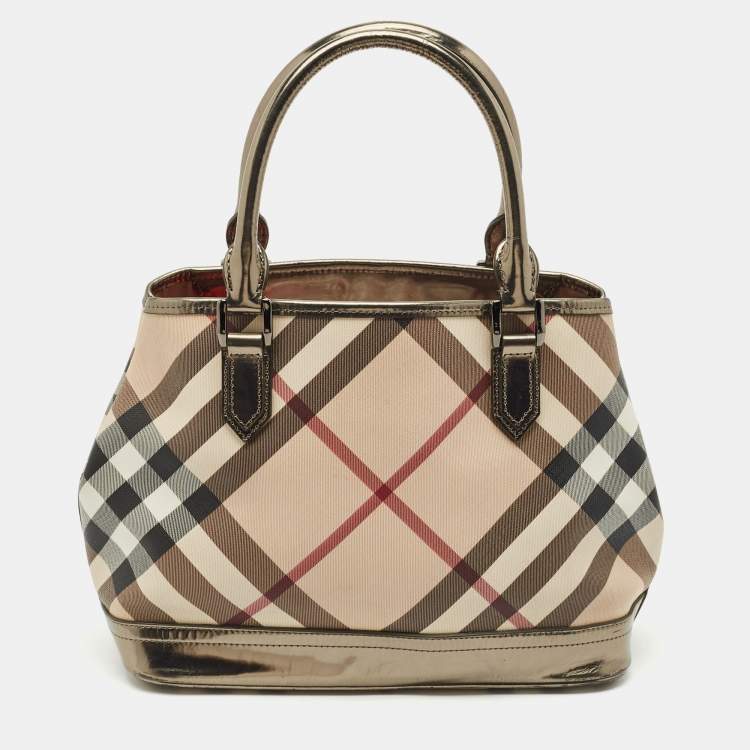 Pre Owned Burberry Metallic/Beige Nova Check PVC and Patent Leather Eden Tote