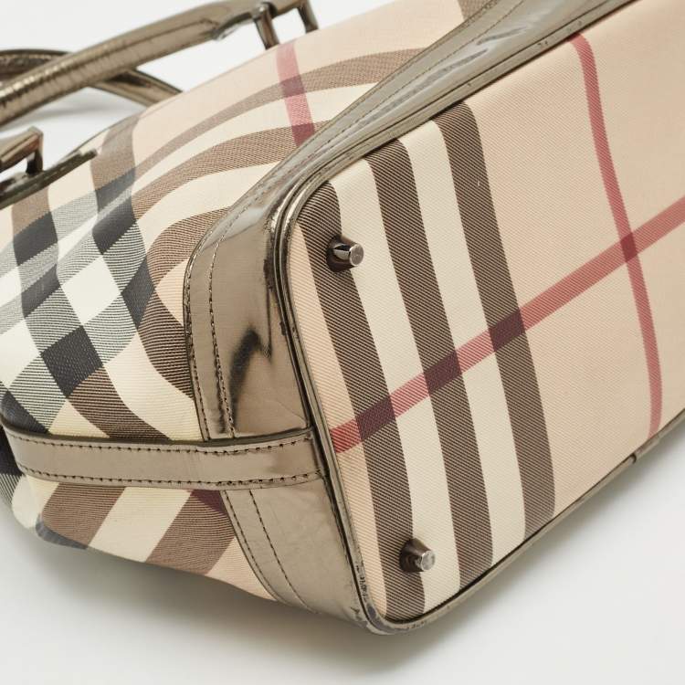 Pre Owned Burberry Metallic/Beige Nova Check PVC and Patent Leather Eden Tote