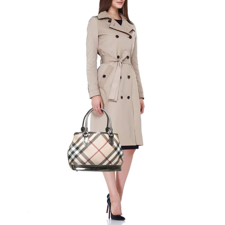 Pre Owned Burberry Metallic/Beige Nova Check PVC and Patent Leather Eden Tote