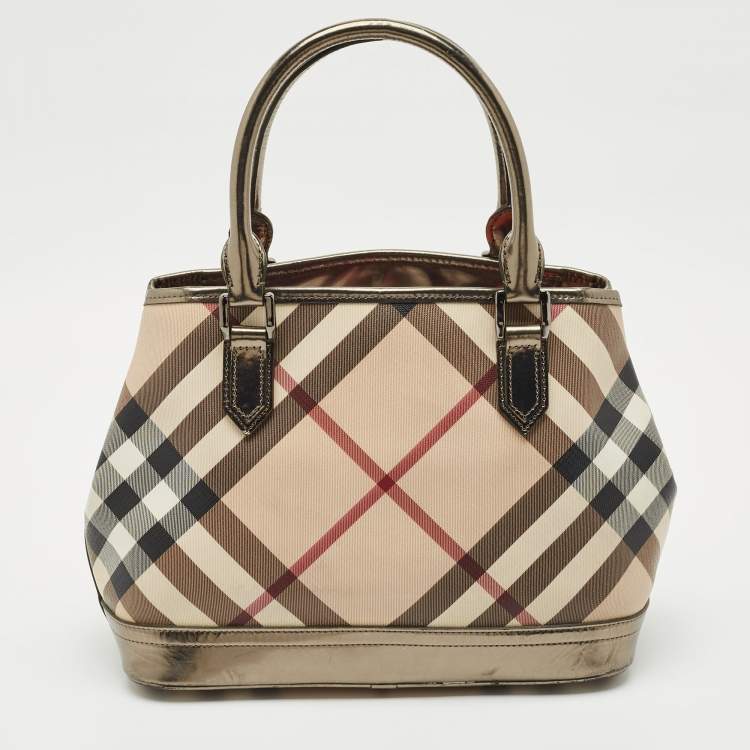 Pre Owned Burberry Metallic/Beige Nova Check PVC and Patent Leather Eden Tote