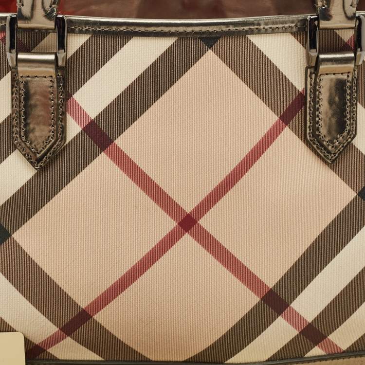 Pre Owned Burberry Metallic/Beige Nova Check PVC and Patent Leather Eden Tote
