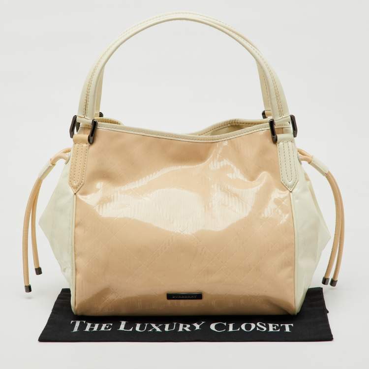 Pre Owned Burberry White/Beige Check Patent Leather Bilmore Tote