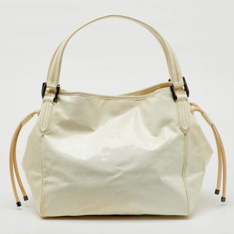 Pre Owned Burberry White/Beige Check Patent Leather Bilmore Tote