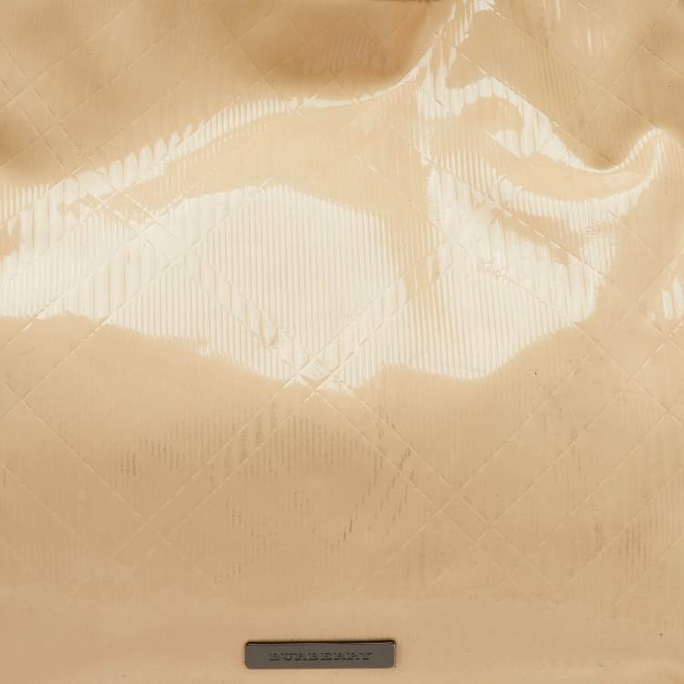 Pre Owned Burberry White/Beige Check Patent Leather Bilmore Tote