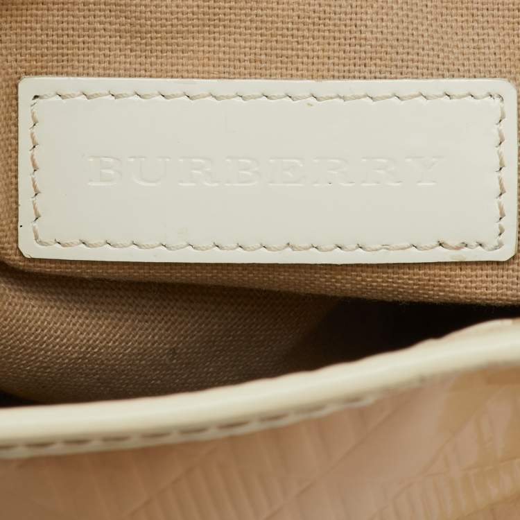 Pre Owned Burberry White/Beige Check Patent Leather Bilmore Tote
