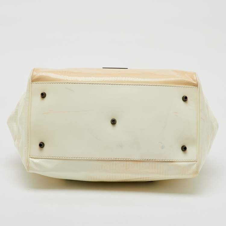 Pre Owned Burberry White/Beige Check Patent Leather Bilmore Tote