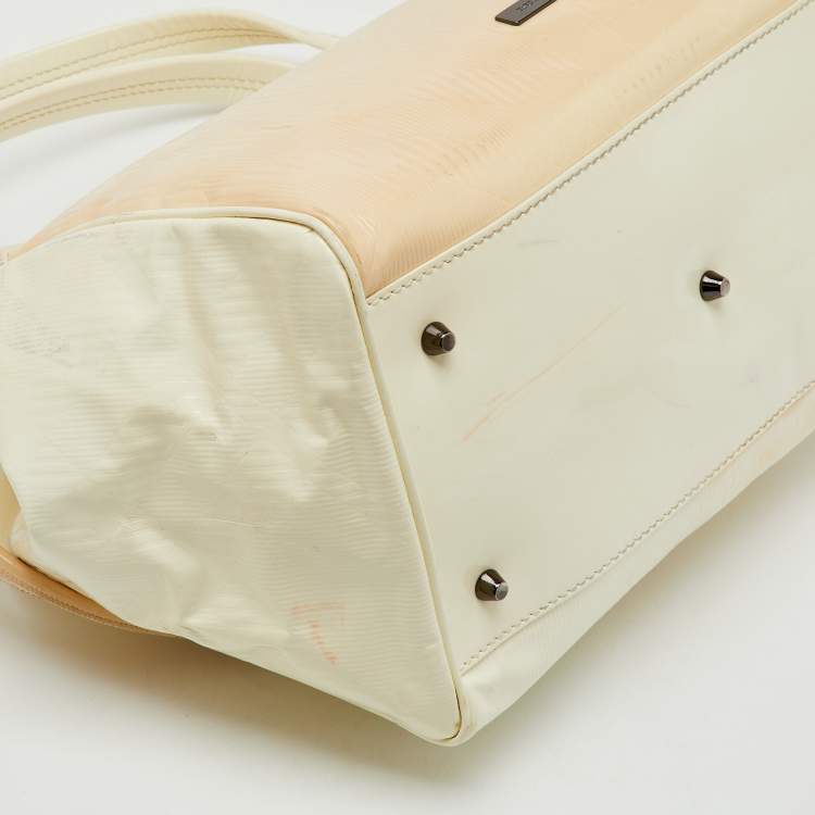 Pre Owned Burberry White/Beige Check Patent Leather Bilmore Tote