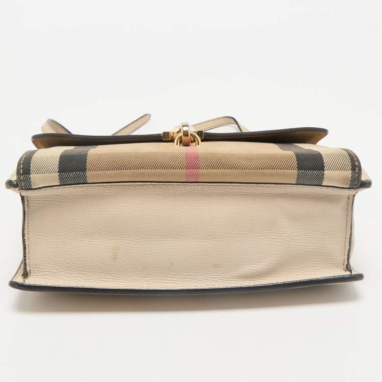 Pre Owned Burberry Cream/Brown House Check Canvas and Leather Macken Flap Crossbody Bag