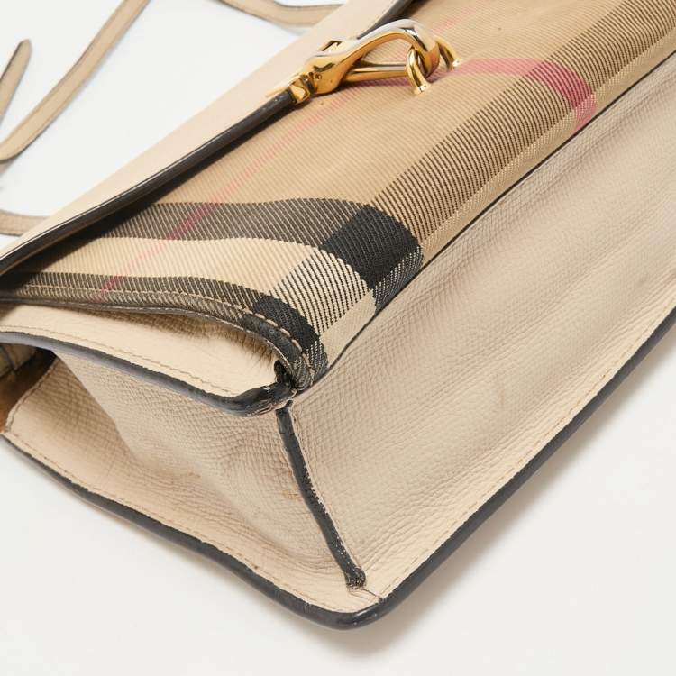 Pre Owned Burberry Cream/Brown House Check Canvas and Leather Macken Flap Crossbody Bag
