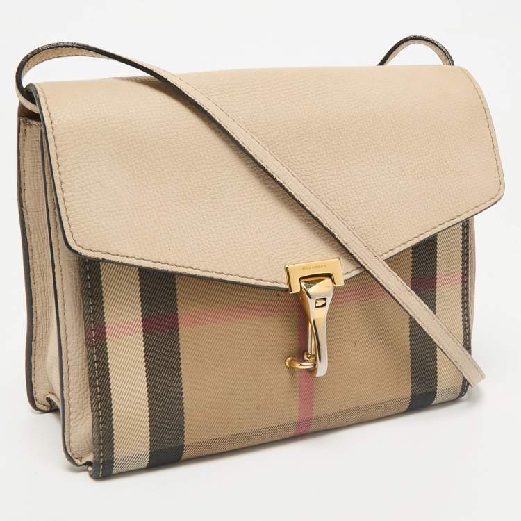 Pre Owned Burberry Cream/Brown House Check Canvas and Leather Macken Flap Crossbody Bag