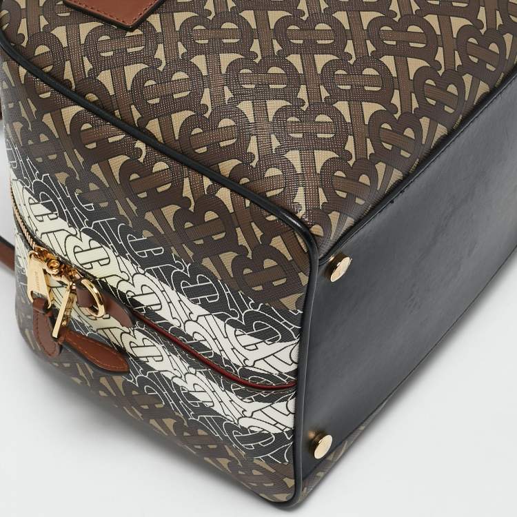 Pre Owned Burberry Brown TB Monogram Coated Canvas and Leather Cube Bowling Bag