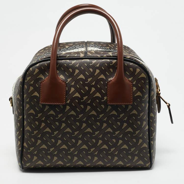Pre Owned Burberry Brown TB Monogram Coated Canvas and Leather Cube Bowling Bag