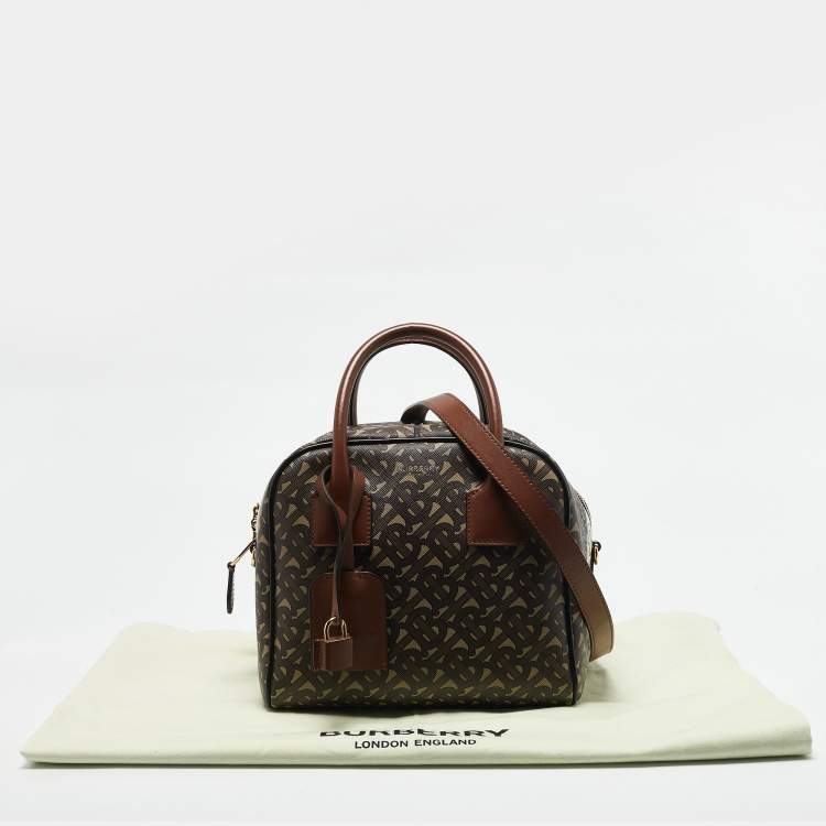 Pre Owned Burberry Brown TB Monogram Coated Canvas and Leather Cube Bowling Bag