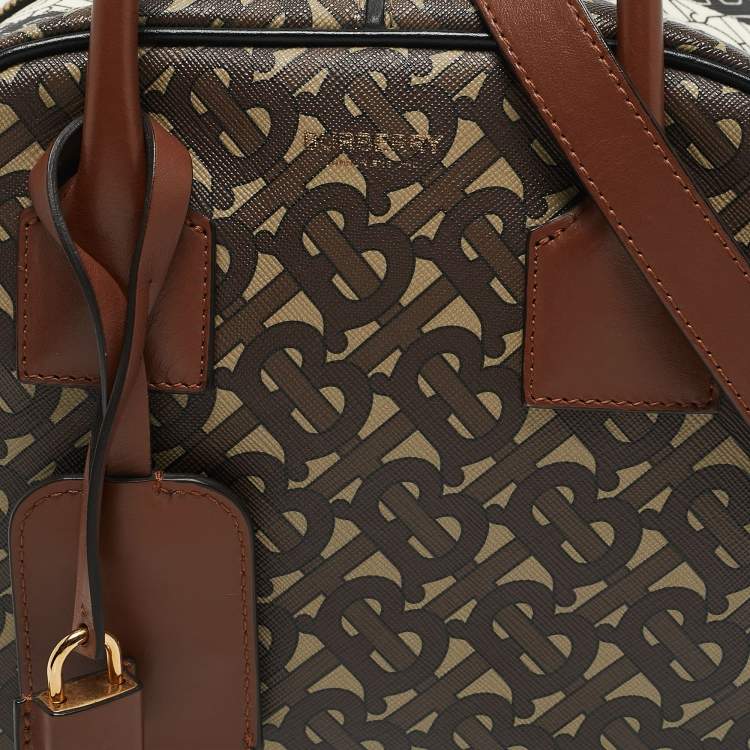 Pre Owned Burberry Brown TB Monogram Coated Canvas and Leather Cube Bowling Bag
