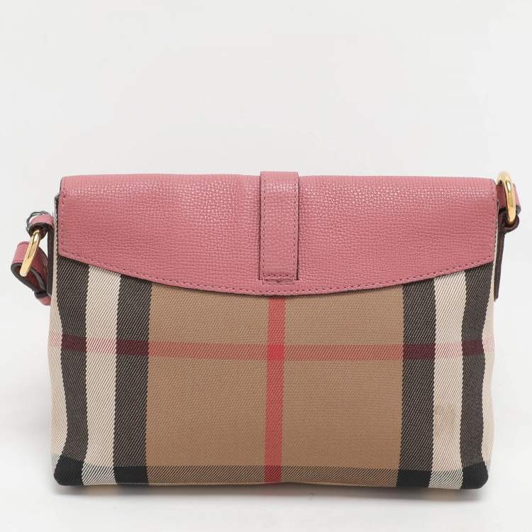 Pre Owned  Burberry Pink/Beige Leather and House Check Canvas Horseshoe Milton Crossbody Bag