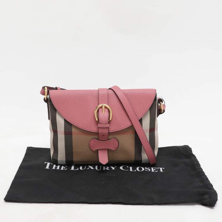 Pre Owned  Burberry Pink/Beige Leather and House Check Canvas Horseshoe Milton Crossbody Bag