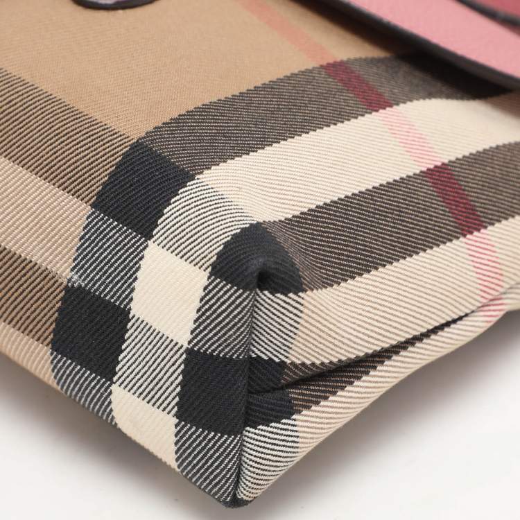 Pre Owned  Burberry Pink/Beige Leather and House Check Canvas Horseshoe Milton Crossbody Bag