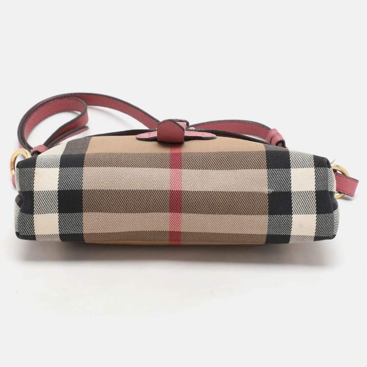 Pre Owned  Burberry Pink/Beige Leather and House Check Canvas Horseshoe Milton Crossbody Bag