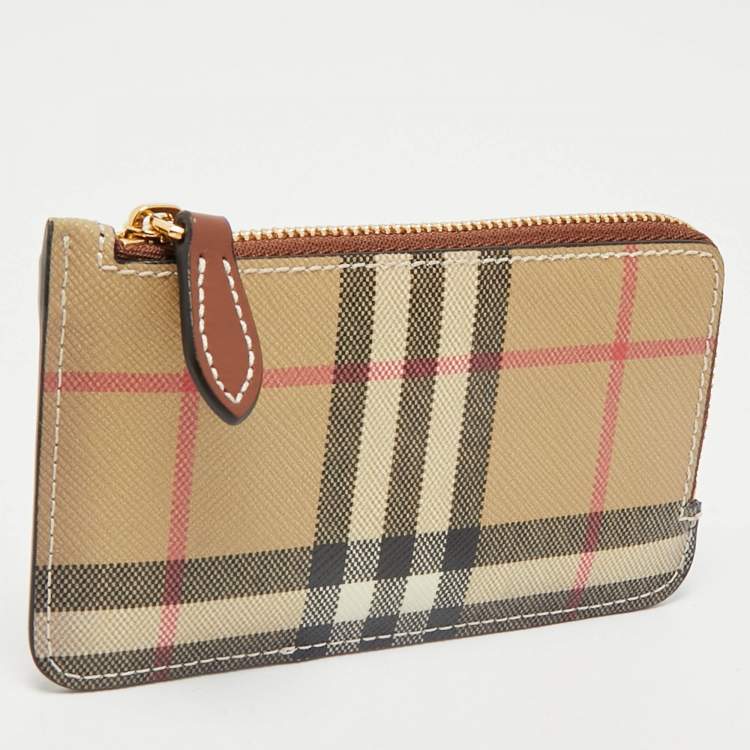 Pre Owned Burberry Brown/Beige House Check Coated Canvas and Leather Zip Card Case