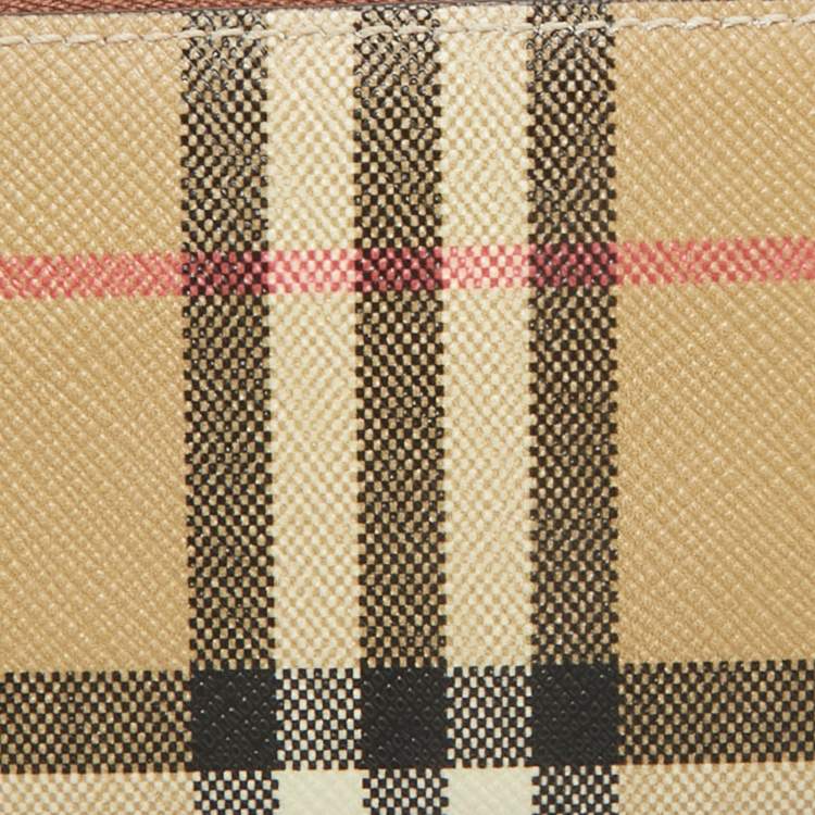 Pre Owned Burberry Brown/Beige House Check Coated Canvas and Leather Zip Card Case