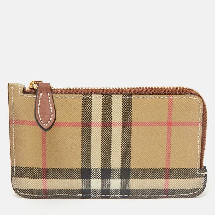 Pre Owned Burberry Brown/Beige House Check Coated Canvas and Leather Zip Card Case