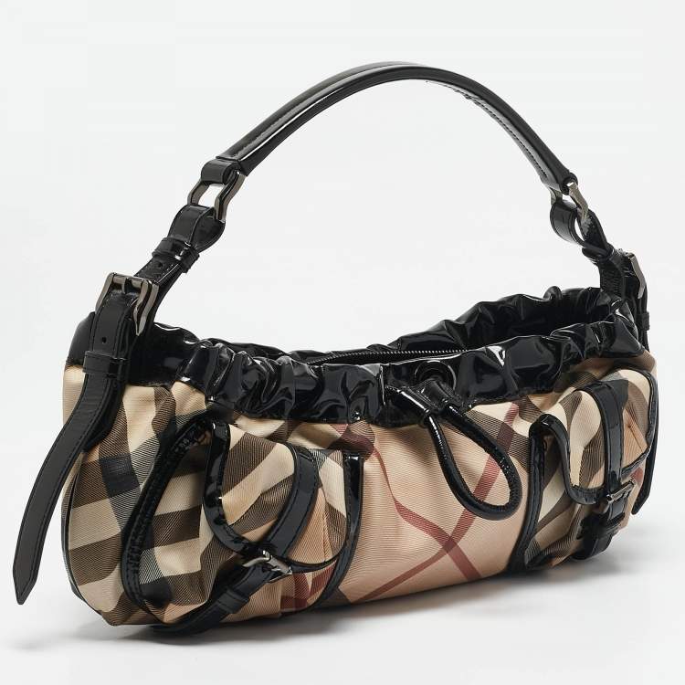 Pre Owned Burberry Beige/Black Nova Check PVC and Patent Leather Front Pocket Bag