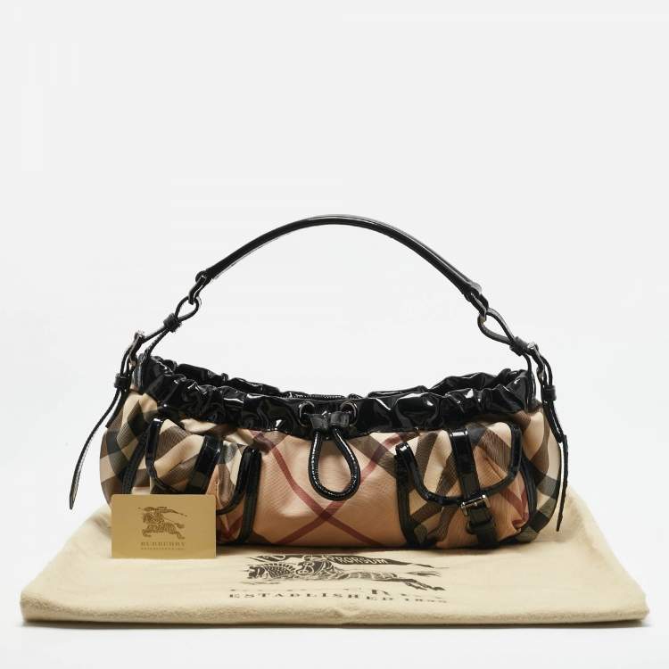 Pre Owned Burberry Beige/Black Nova Check PVC and Patent Leather Front Pocket Bag