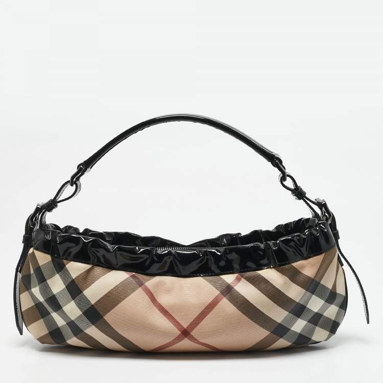 Pre Owned Burberry Beige/Black Nova Check PVC and Patent Leather Front Pocket Bag