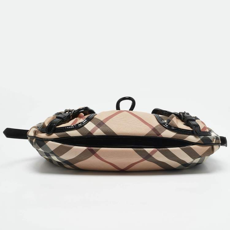 Pre Owned Burberry Beige/Black Nova Check PVC and Patent Leather Front Pocket Bag