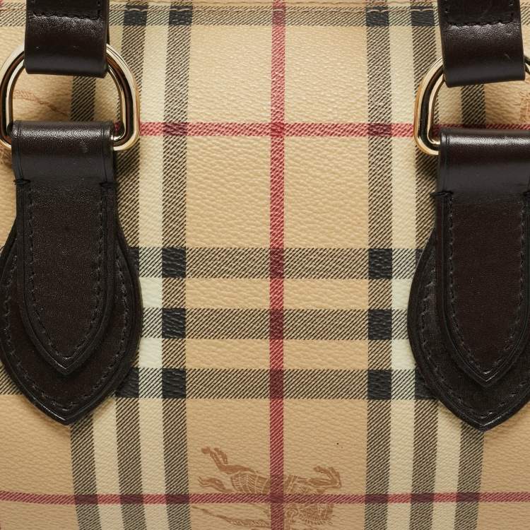 Pre Owned Burberry Beige/Brown Haymarket Check PVC and Leather Chester Boston Bag