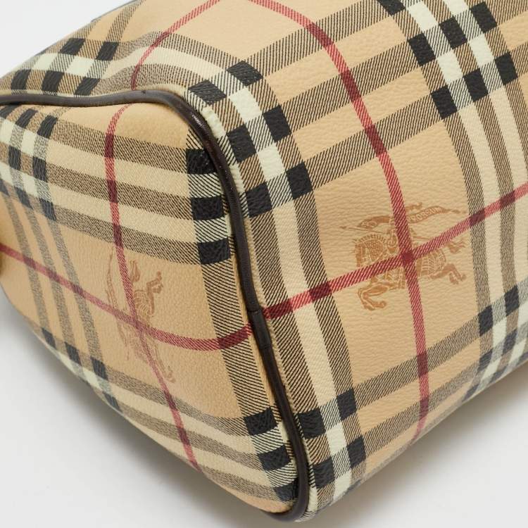 Pre Owned Burberry Beige/Brown Haymarket Check PVC and Leather Chester Boston Bag