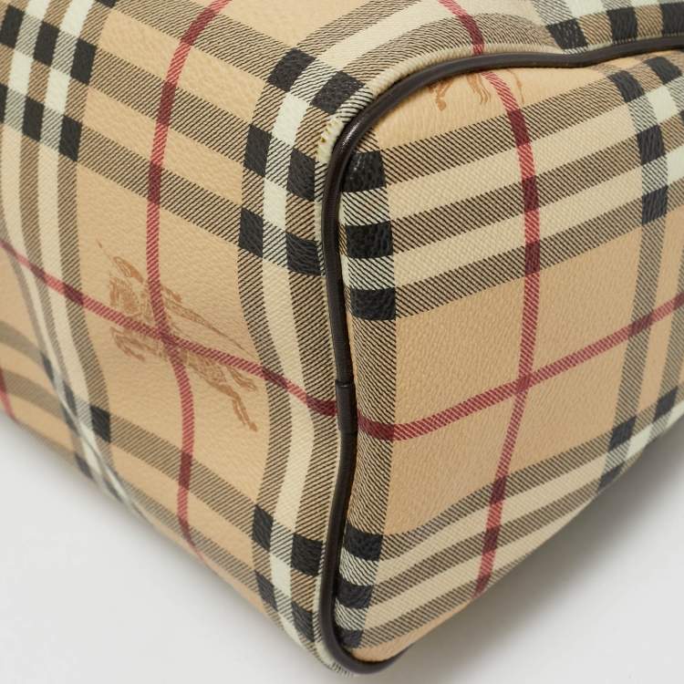 Pre Owned Burberry Beige/Brown Haymarket Check PVC and Leather Chester Boston Bag