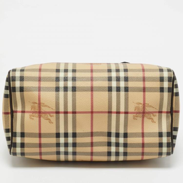 Pre Owned Burberry Beige/Brown Haymarket Check PVC and Leather Chester Boston Bag