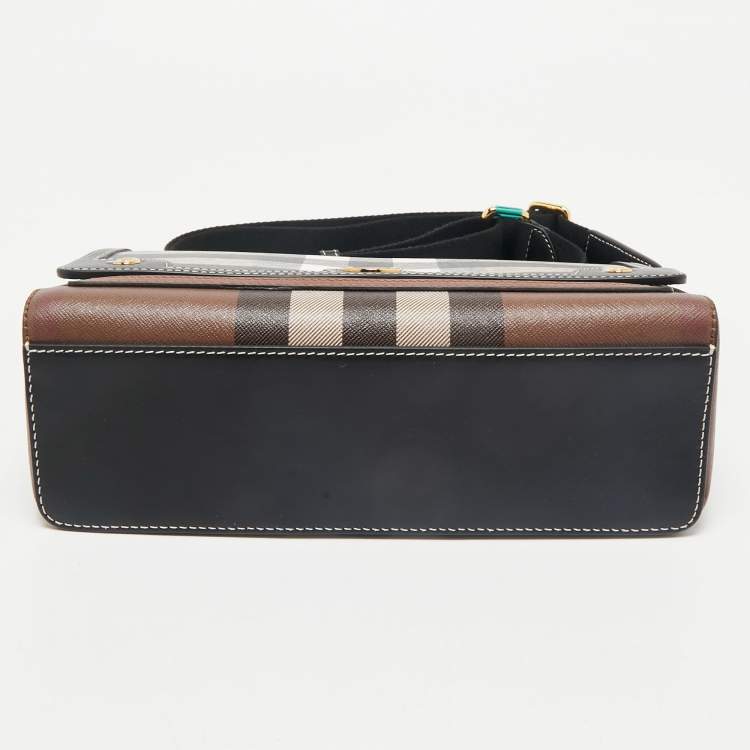 Pre Owned Burberry Dark Birch Brown Giant E-Check Canvas and Leather Note Crossbody Bag