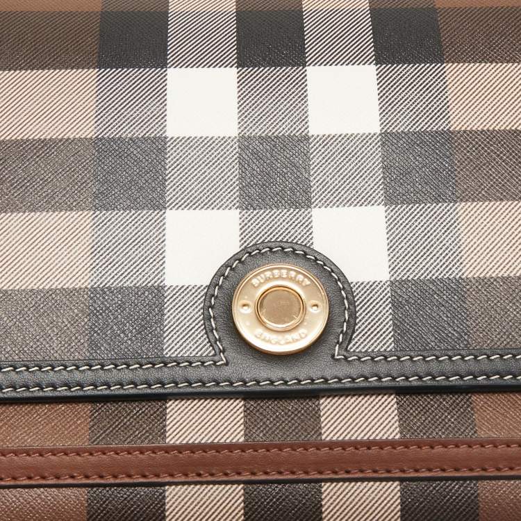 Pre Owned Burberry Dark Birch Brown Giant E-Check Canvas and Leather Note Crossbody Bag