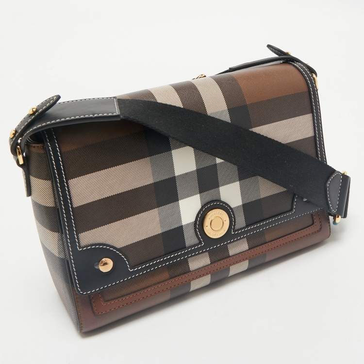 Pre Owned Burberry Dark Birch Brown Giant E-Check Canvas and Leather Note Crossbody Bag