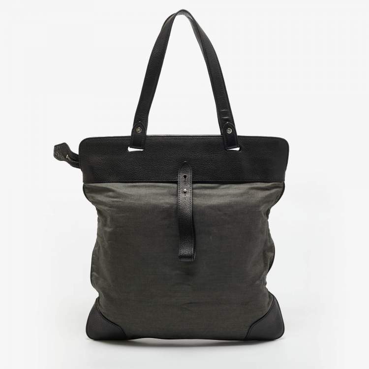 Pre Owned Burberry Black/Grey Logo Embroidered Fabric and Leather Flat Tote