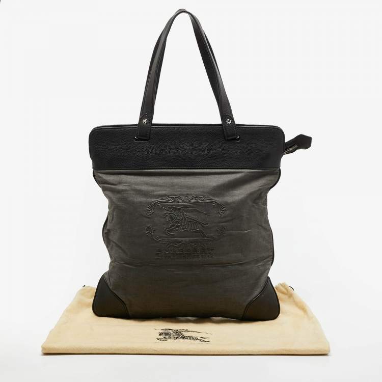 Pre Owned Burberry Black/Grey Logo Embroidered Fabric and Leather Flat Tote