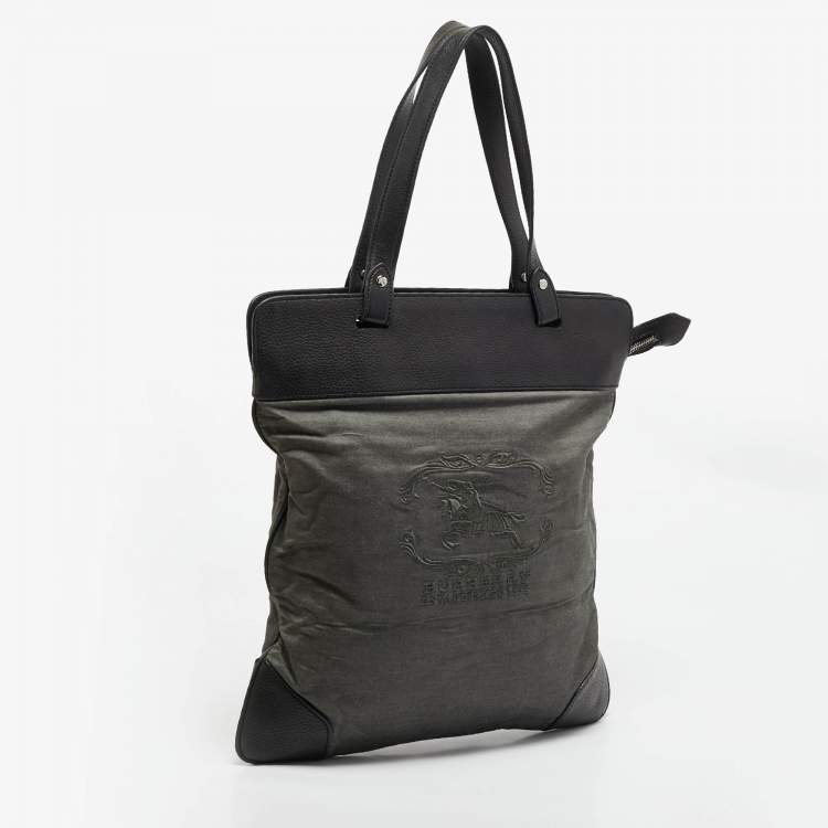 Pre Owned Burberry Black/Grey Logo Embroidered Fabric and Leather Flat Tote
