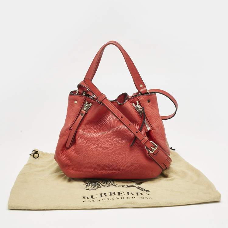 Pre Owned Burberry Red Leather and House Check Canvas Small Brit Maidstone Peek Bag
