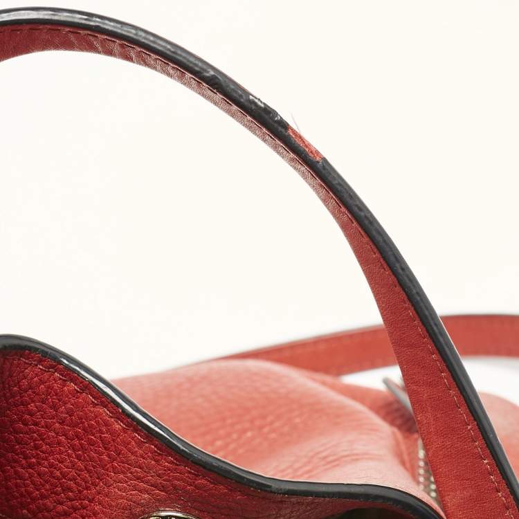 Pre Owned Burberry Red Leather and House Check Canvas Small Brit Maidstone Peek Bag